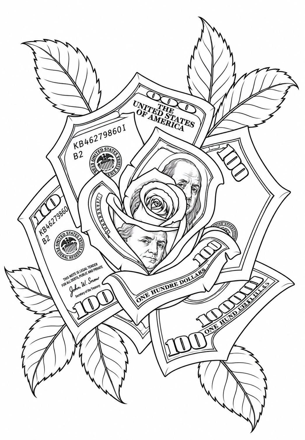 Rose flower with petals made of one hundred dollar bills line art drawing