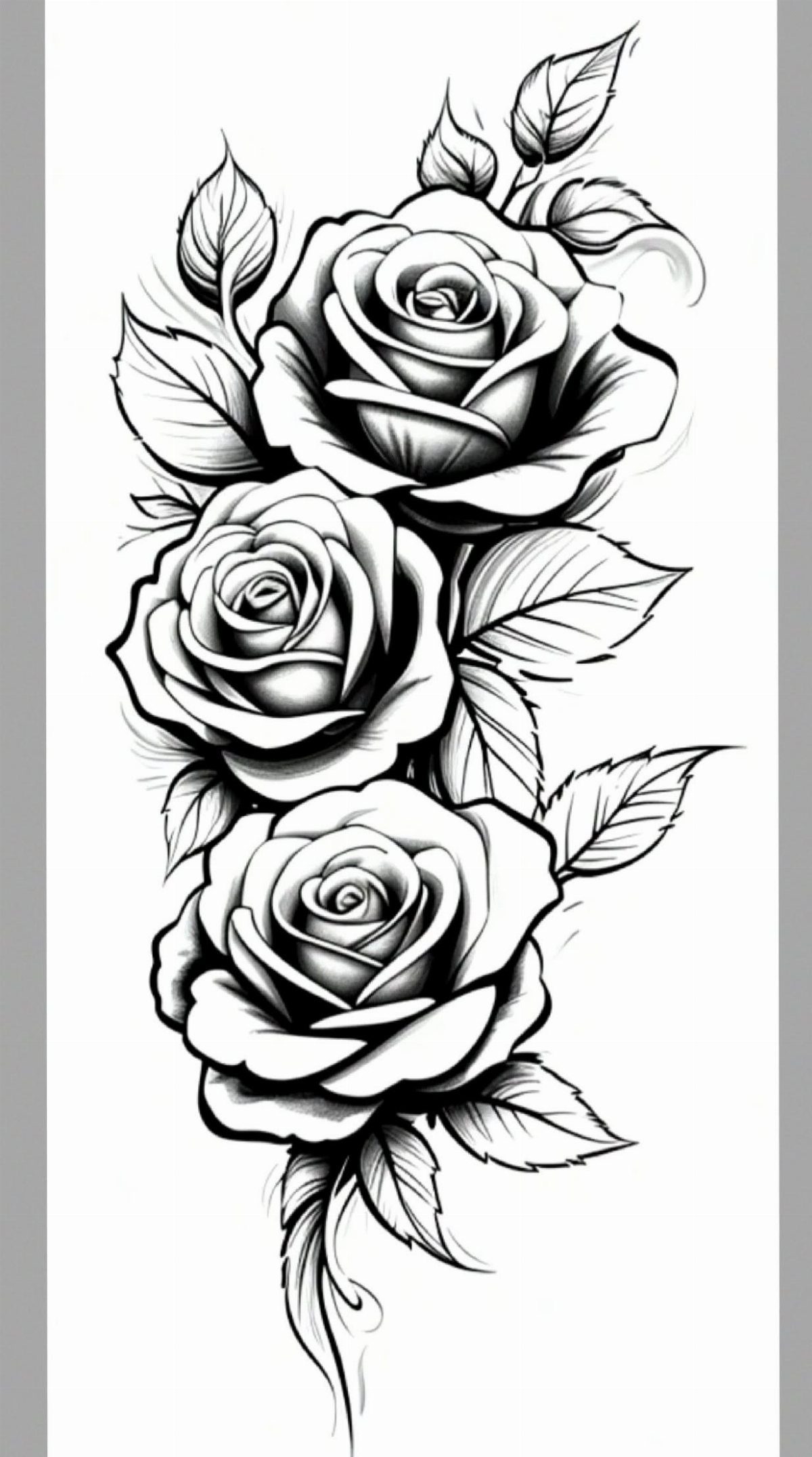 Three detailed black and white roses with leaves arranged in a vertical composition.