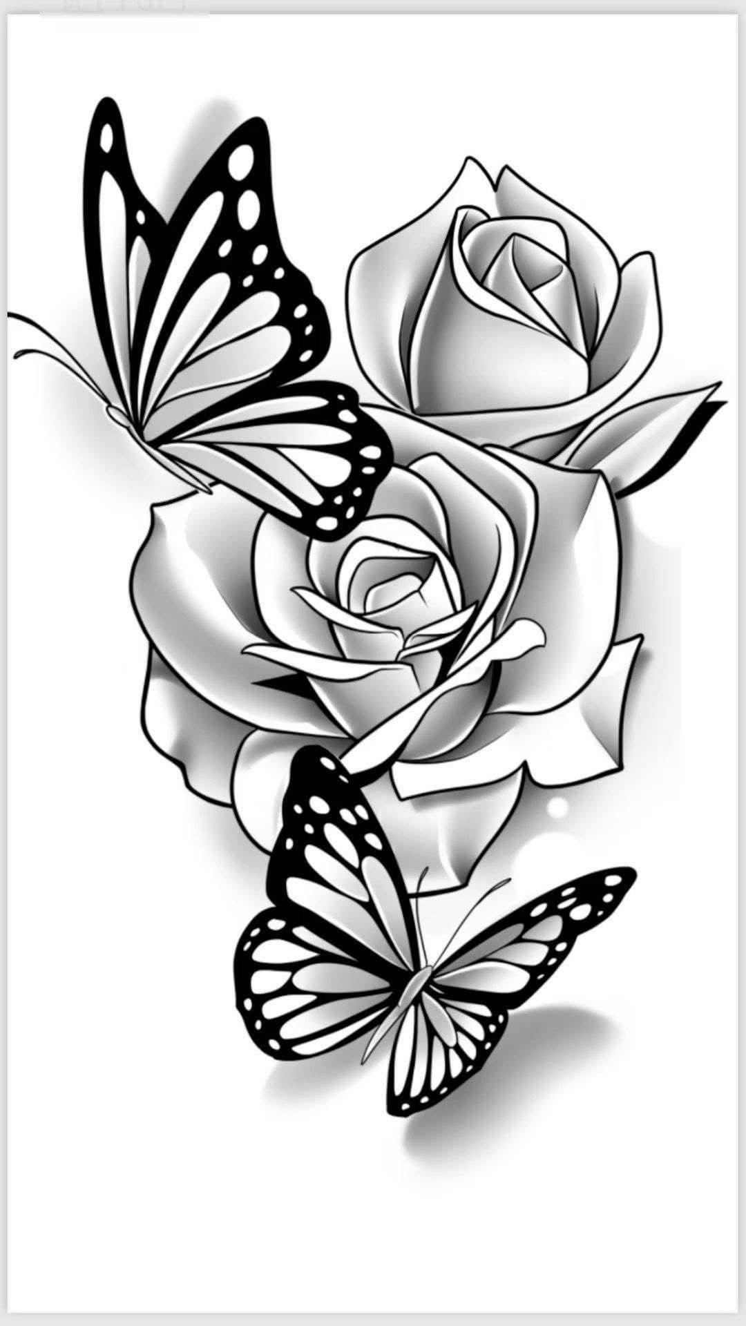 Two roses and two butterflies in a black and white tattoo stencil design.