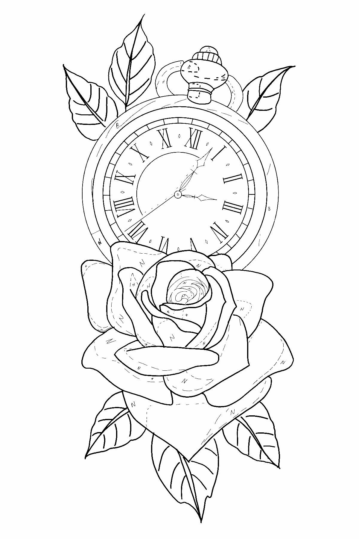 Pocket watch and blooming rose line drawing tattoo stencil on white background