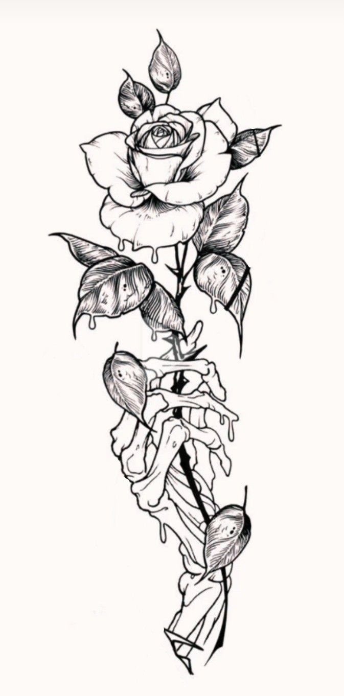 Rose with stem and skeletal hand tattoo stencil in black and white linework