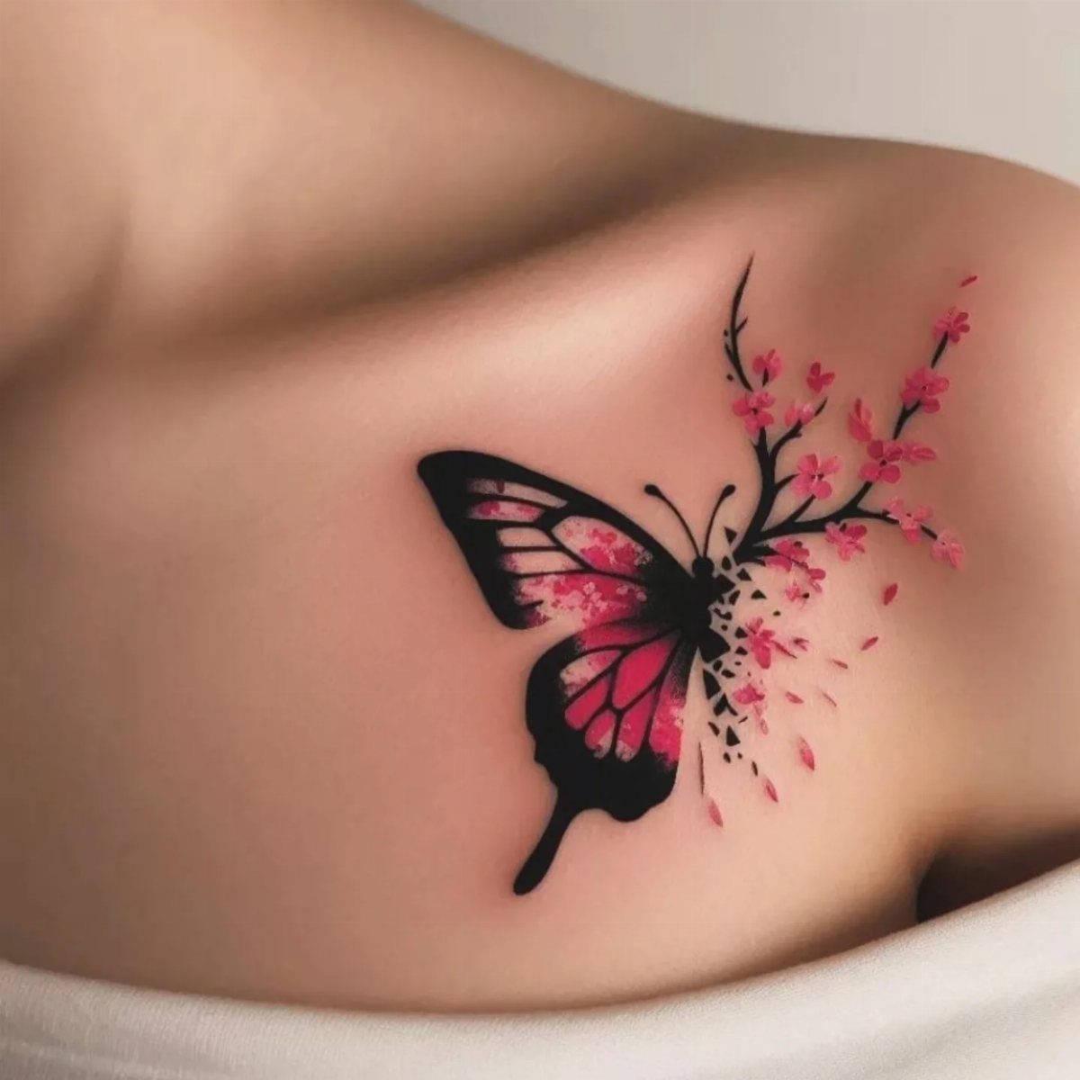 Butterfly and cherry blossom tattoo on a person's shoulder with pink and black ink.