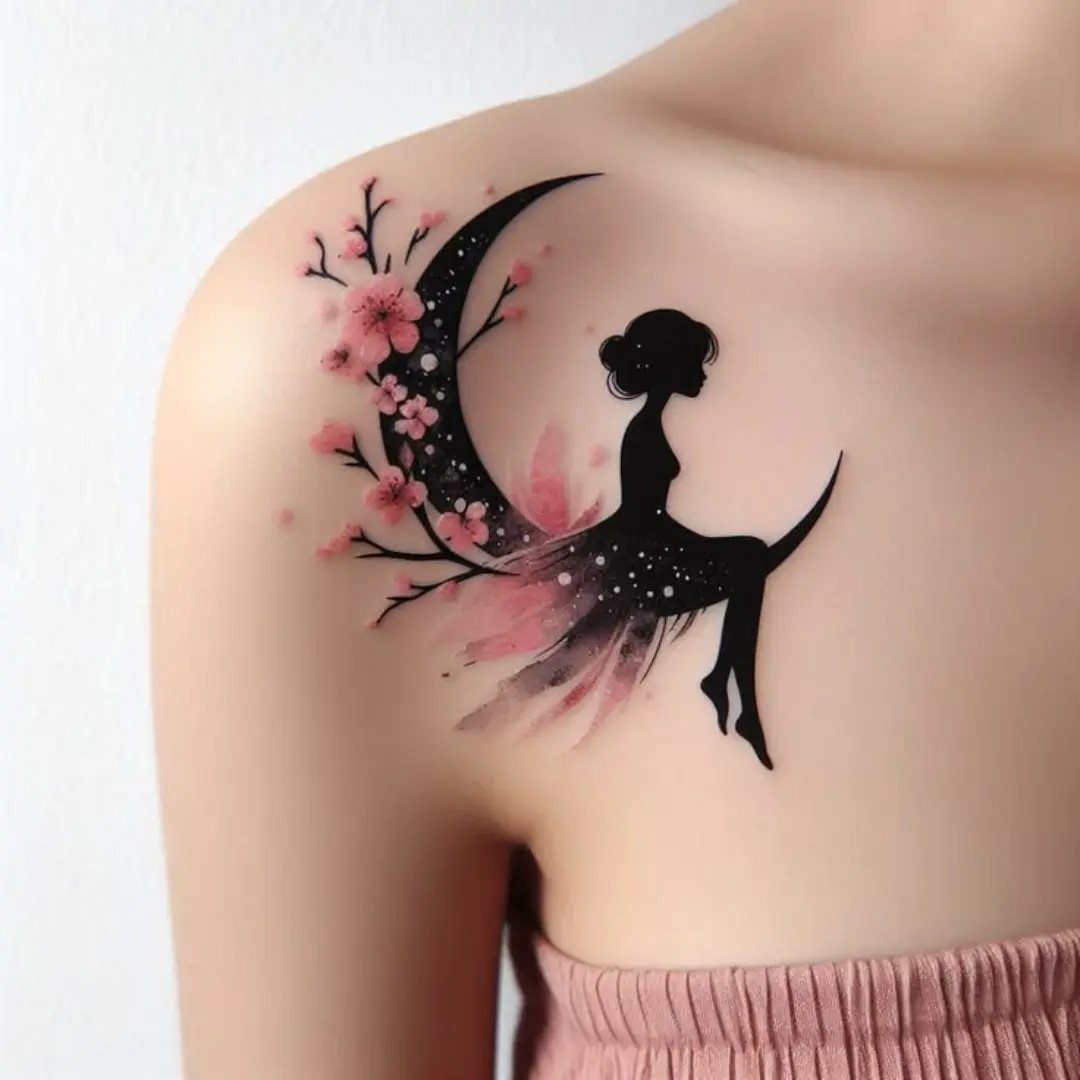 Shoulder tattoo of a woman silhouette on a crescent moon with pink flowers.