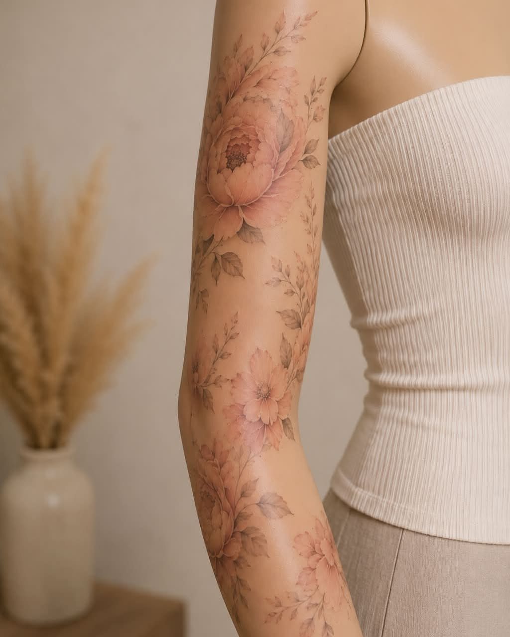 Floral tattoo in skin tone shades of peach and beige on a person's arm