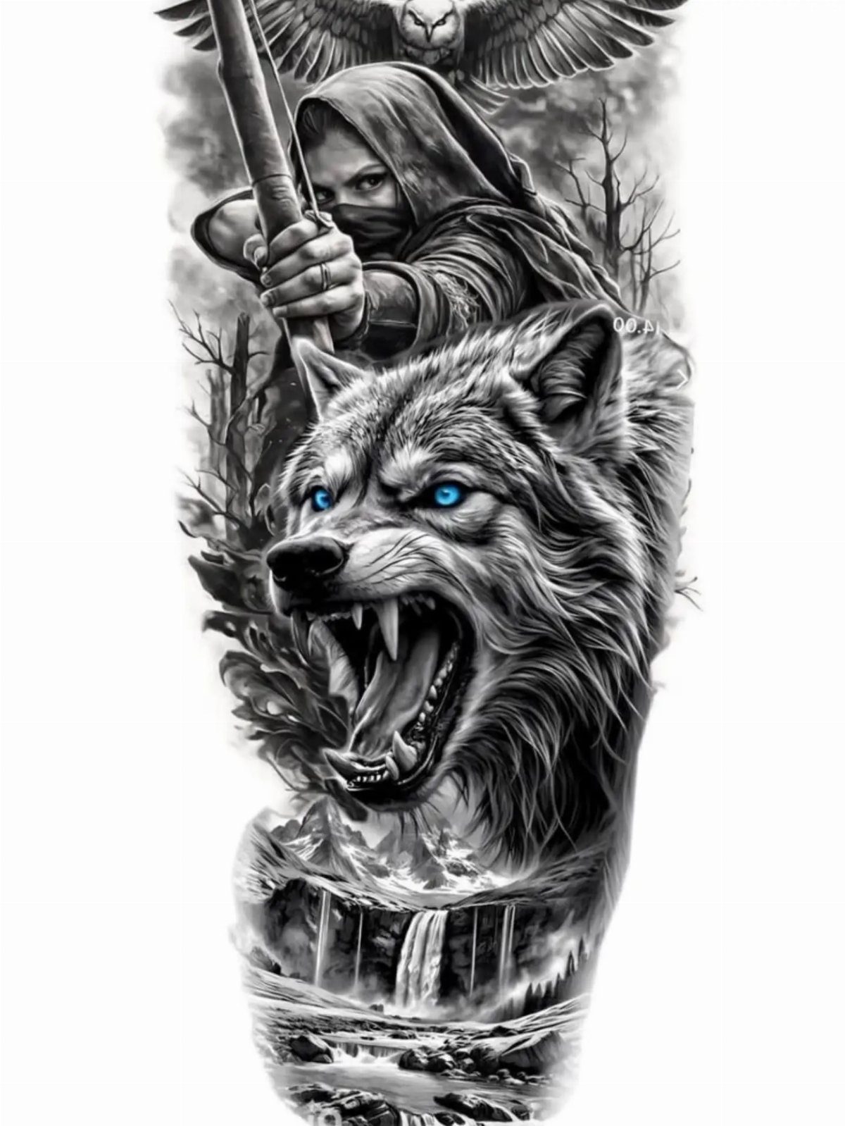 Wolf and hooded archer tattoo sleeve design with blue eyes and waterfall landscape.