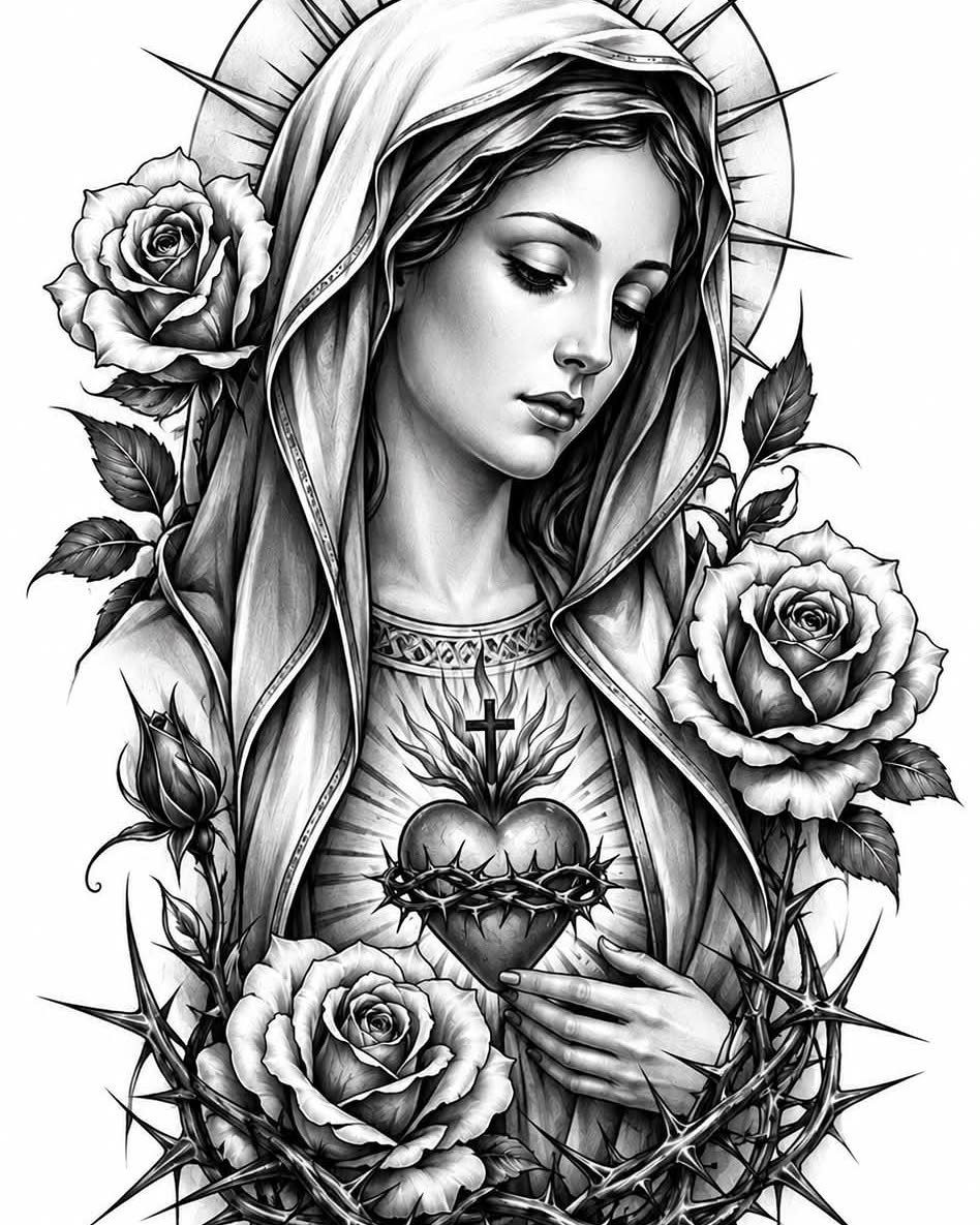 Tattoo design of a veiled woman with roses and a sacred heart cross.
