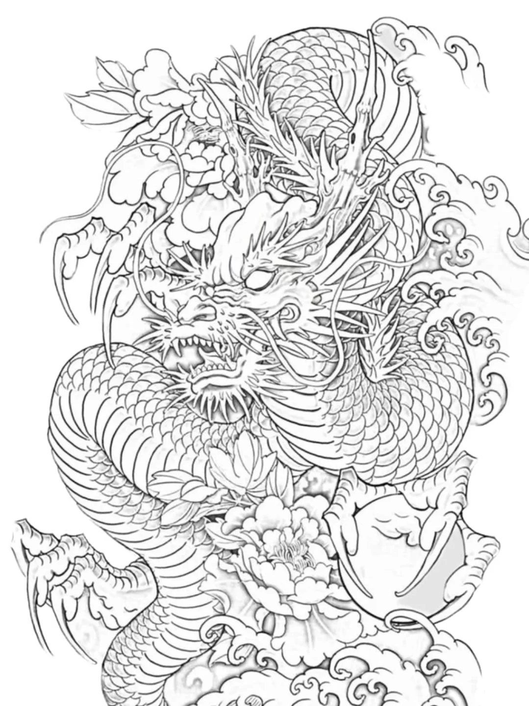 Japanese dragon tattoo stencil with clouds and flowers in black line art