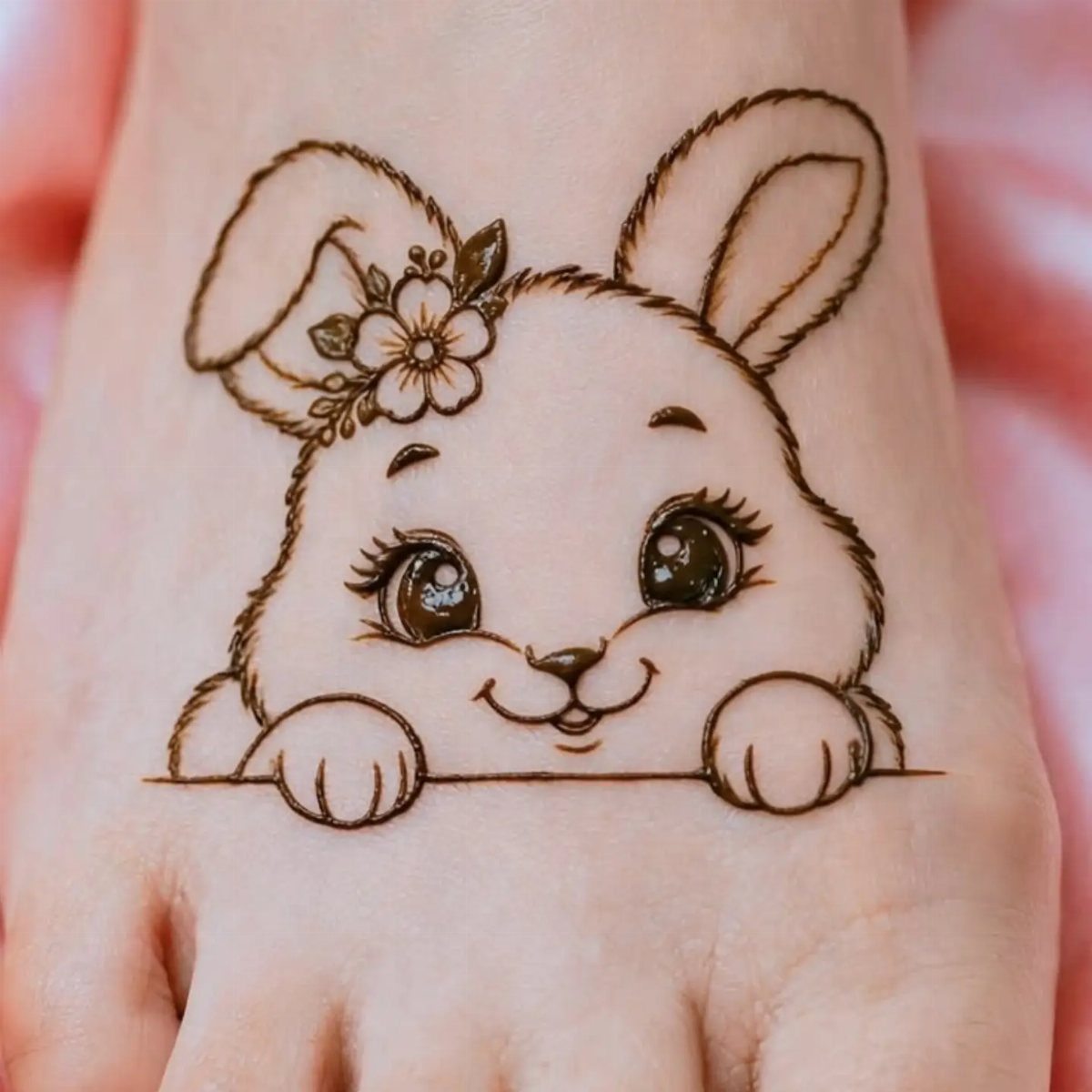 Cute cartoon bunny henna tattoo with a flower on a person's foot