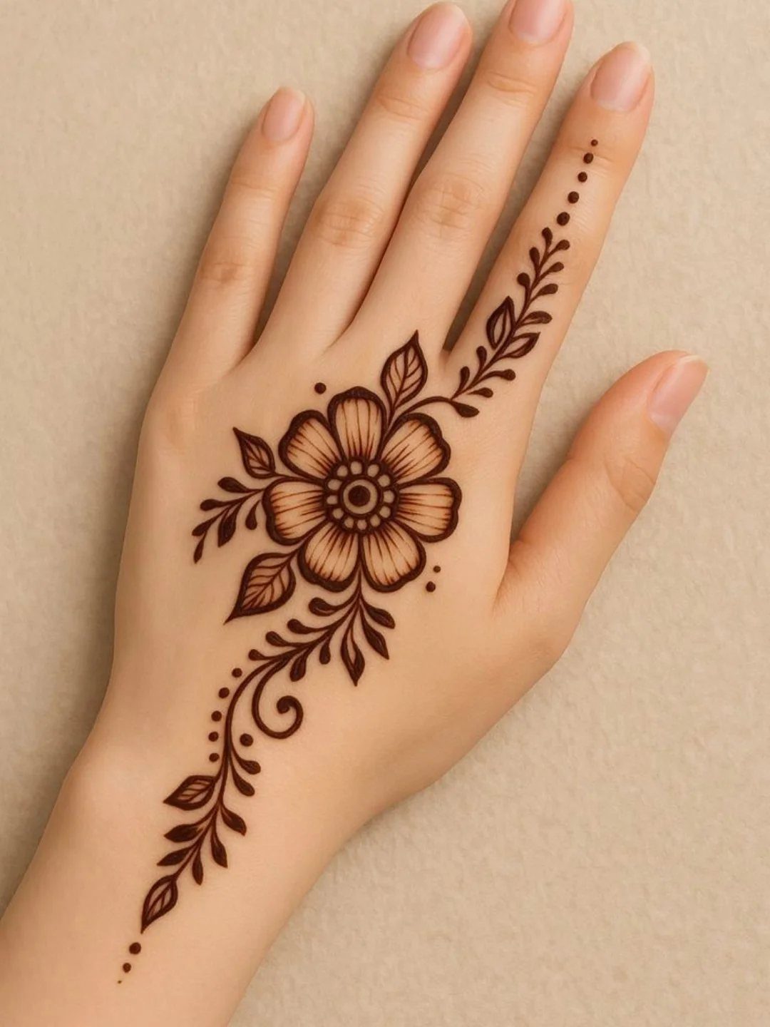 Henna flower tattoo with swirling vines and leaves on the back of a hand.