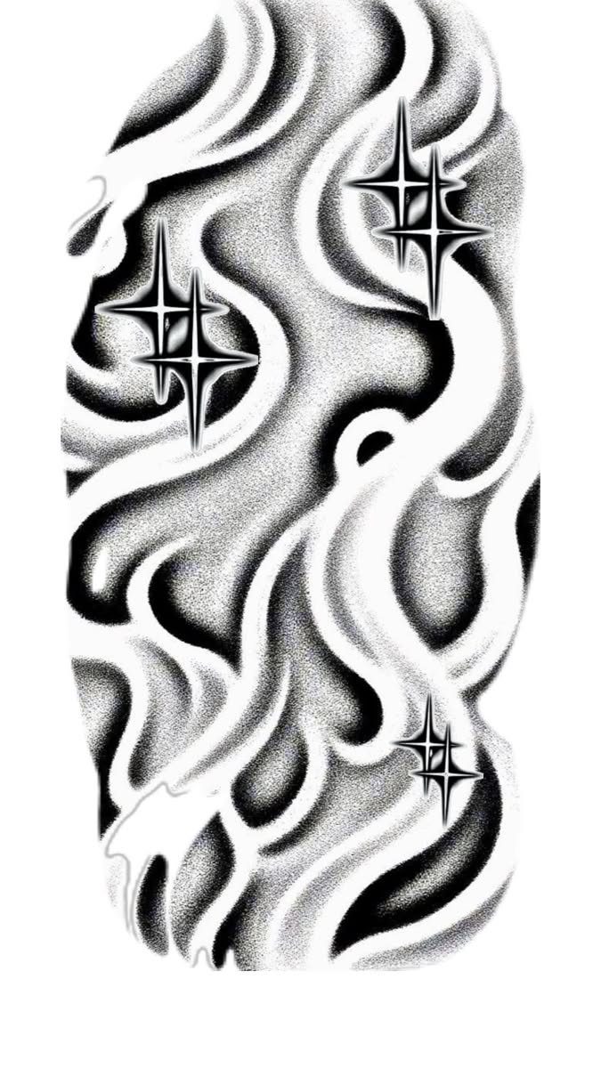 Four-pointed star tattoo designs integrated into flowing black and white shaded smoke curves.