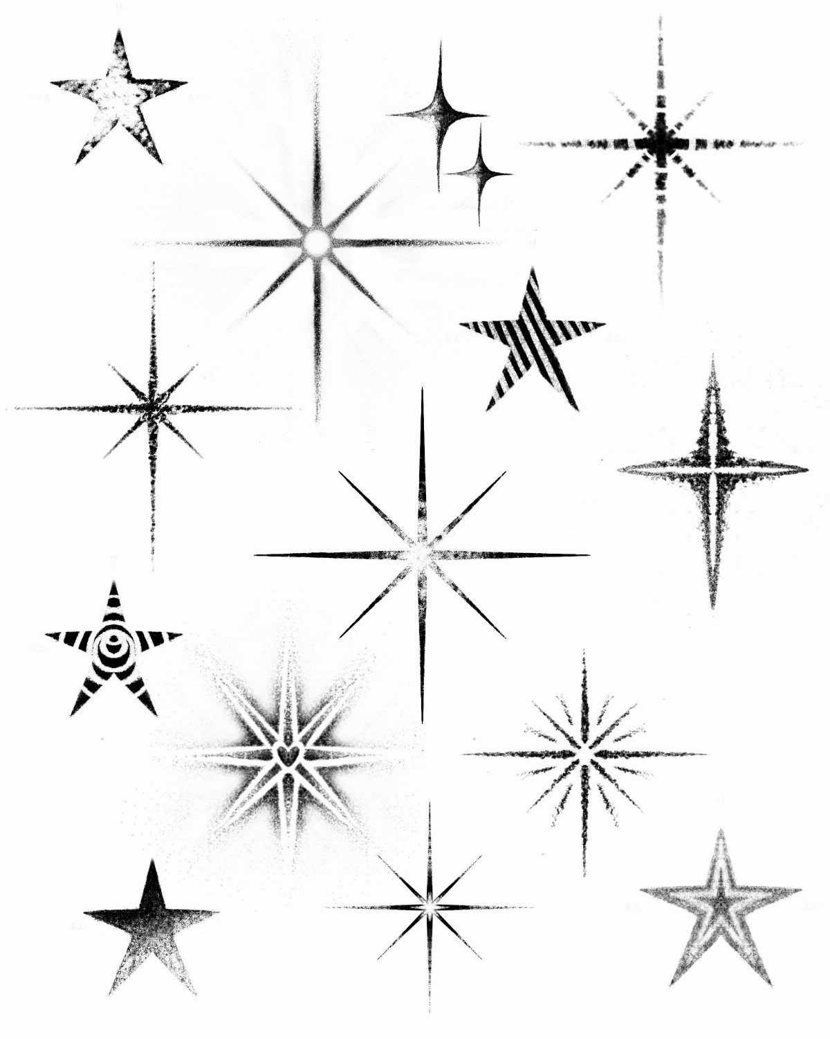 Various black and white star tattoo outlines and designs on a white background.