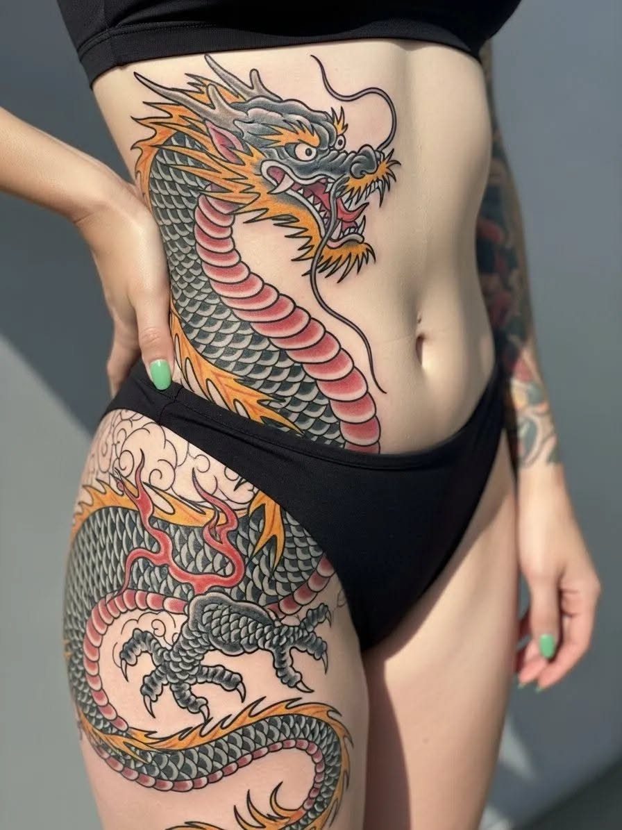 Dragon tattoo on a person's stomach and hip with red and yellow scales