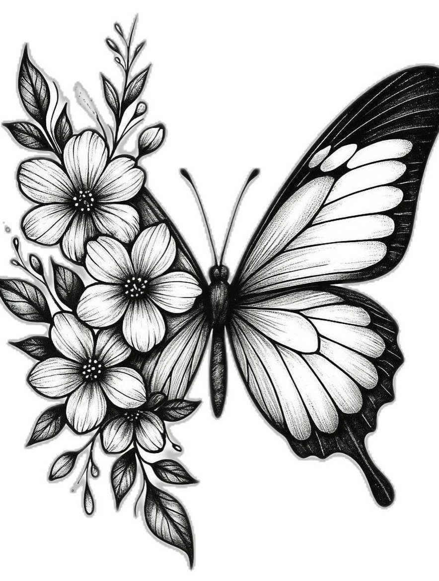 Butterfly drawing with one wing made of flowers and leaves on white background