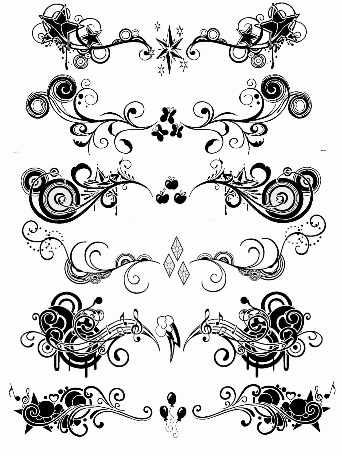 Black and white tattoo line art designs with swirls and stars on white background.