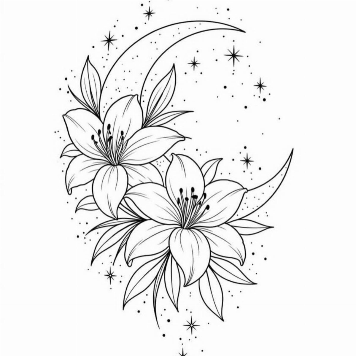 Two lilies and a crescent moon line drawing for a tattoo coloring page.