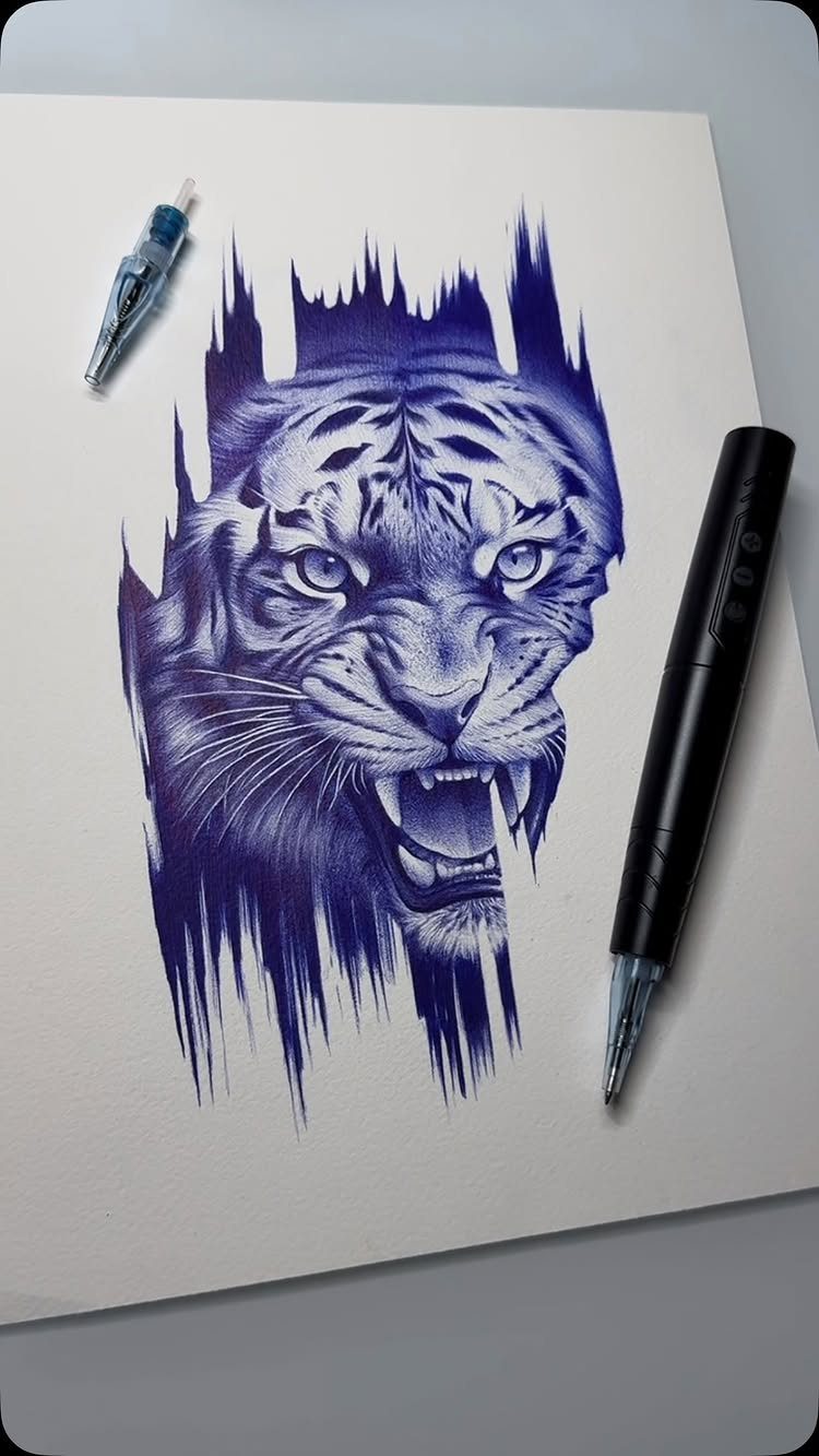 Blue ink drawing of a roaring tiger head with a black pen nearby.