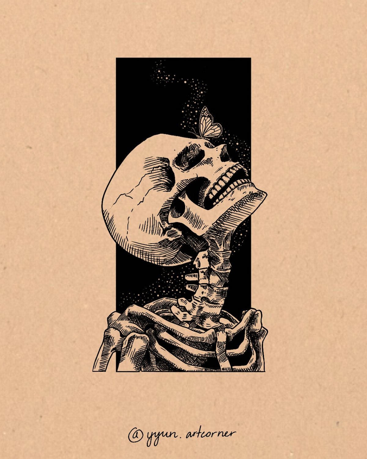 Human skull drawing with a small butterfly perched on its forehead.