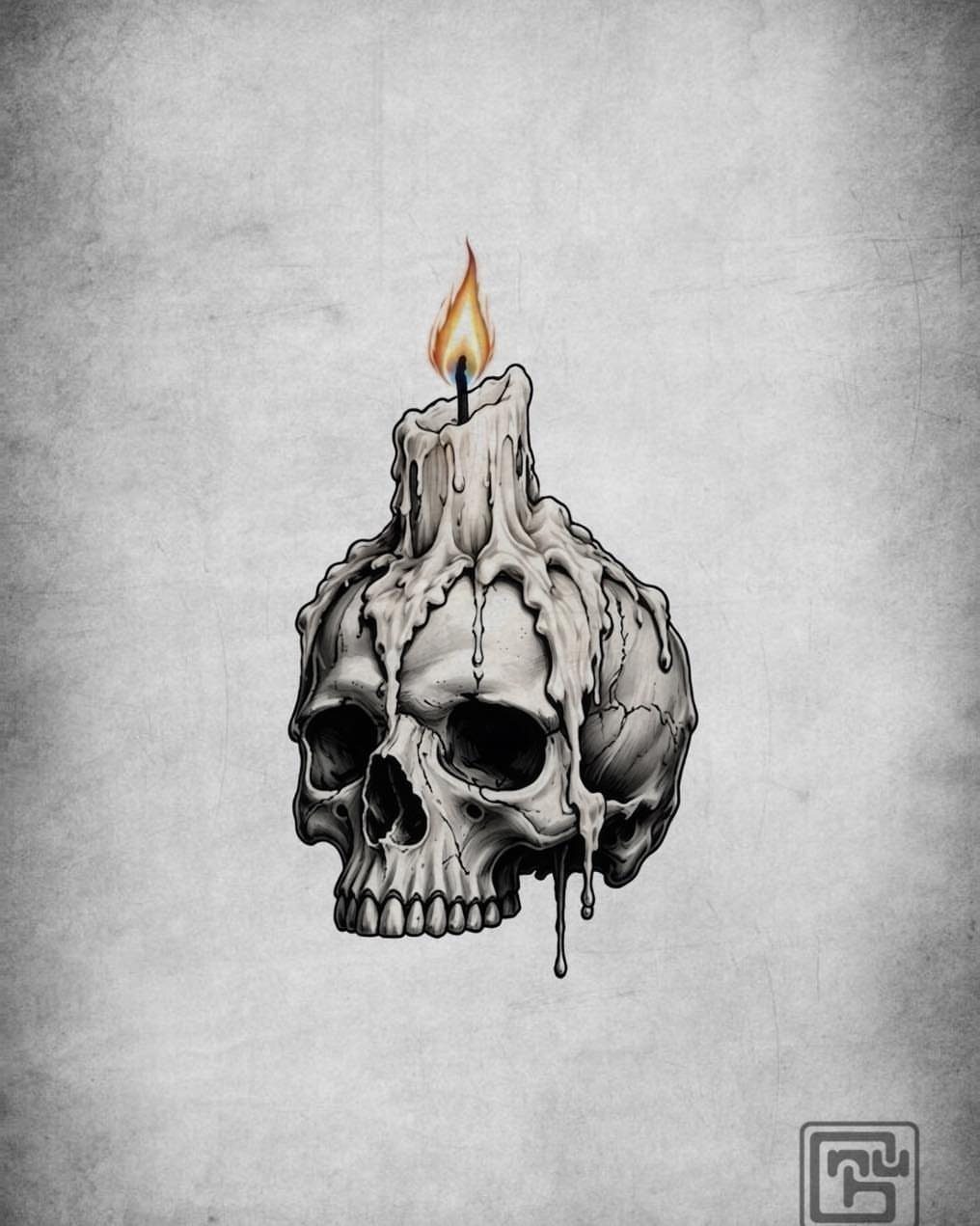 Skull candle holder drawing with melting wax and a lit flame on top