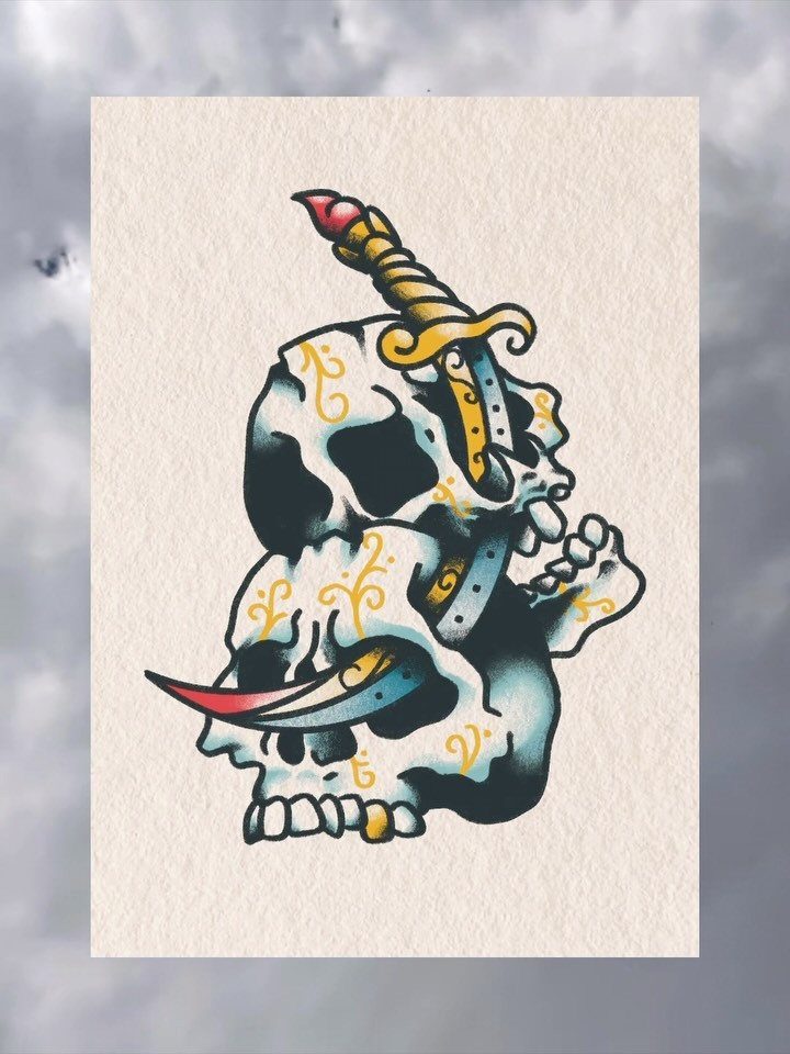 Two stacked skulls pierced by a golden-hilted dagger in traditional tattoo style.