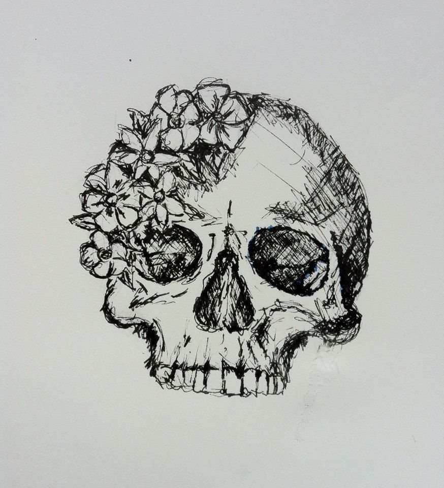 Human skull drawing with small flowers blooming from the top left side.