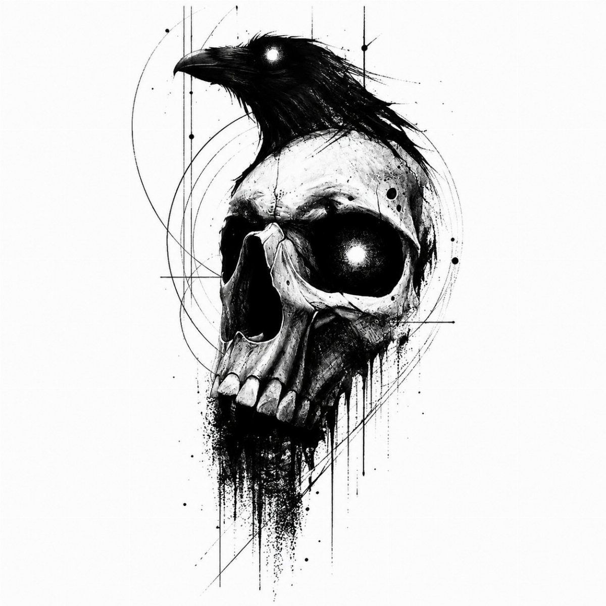 Human skull with a black raven perched on top in a detailed ink drawing.