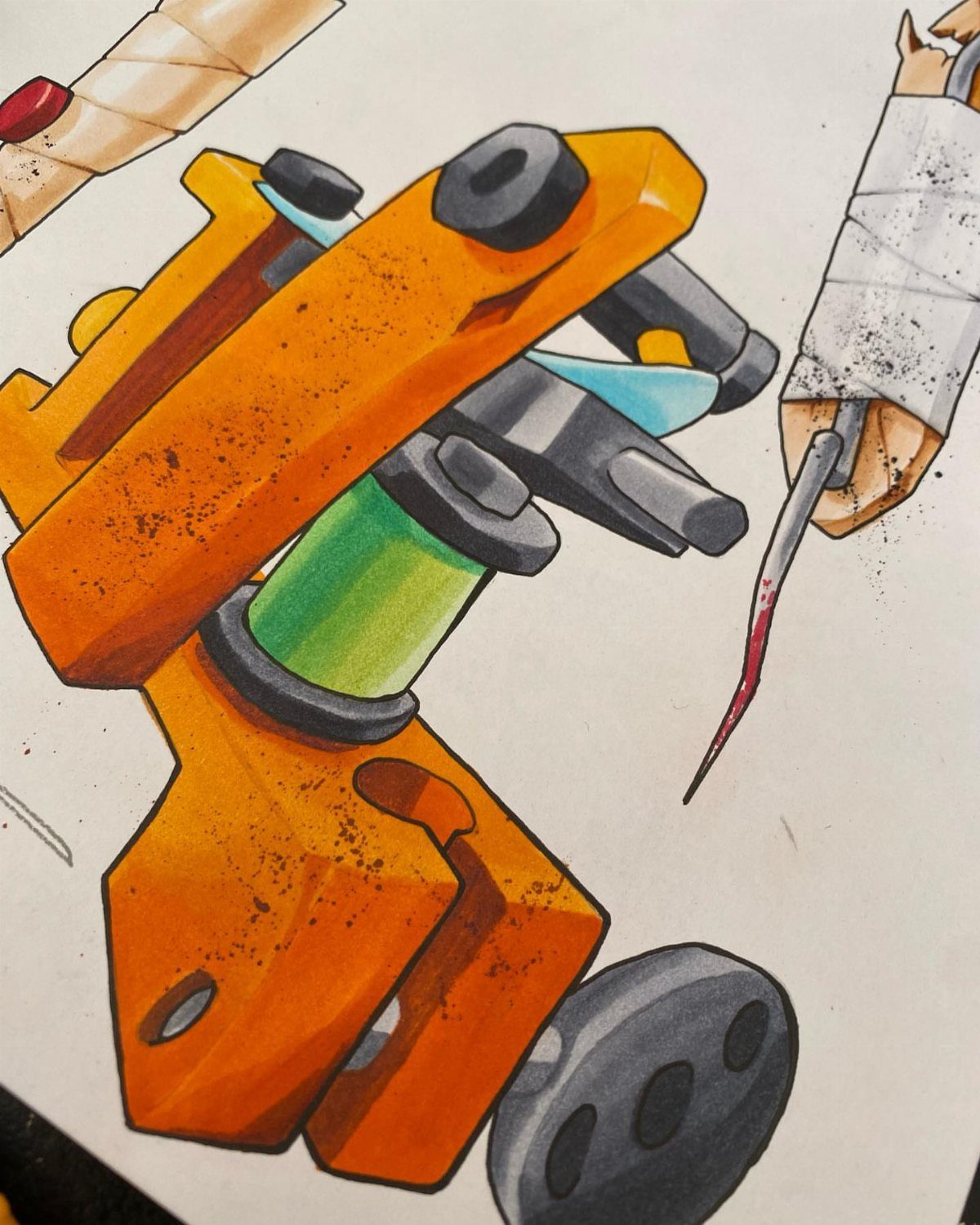 Orange tattoo machine drawing with green ink cartridge on white paper.