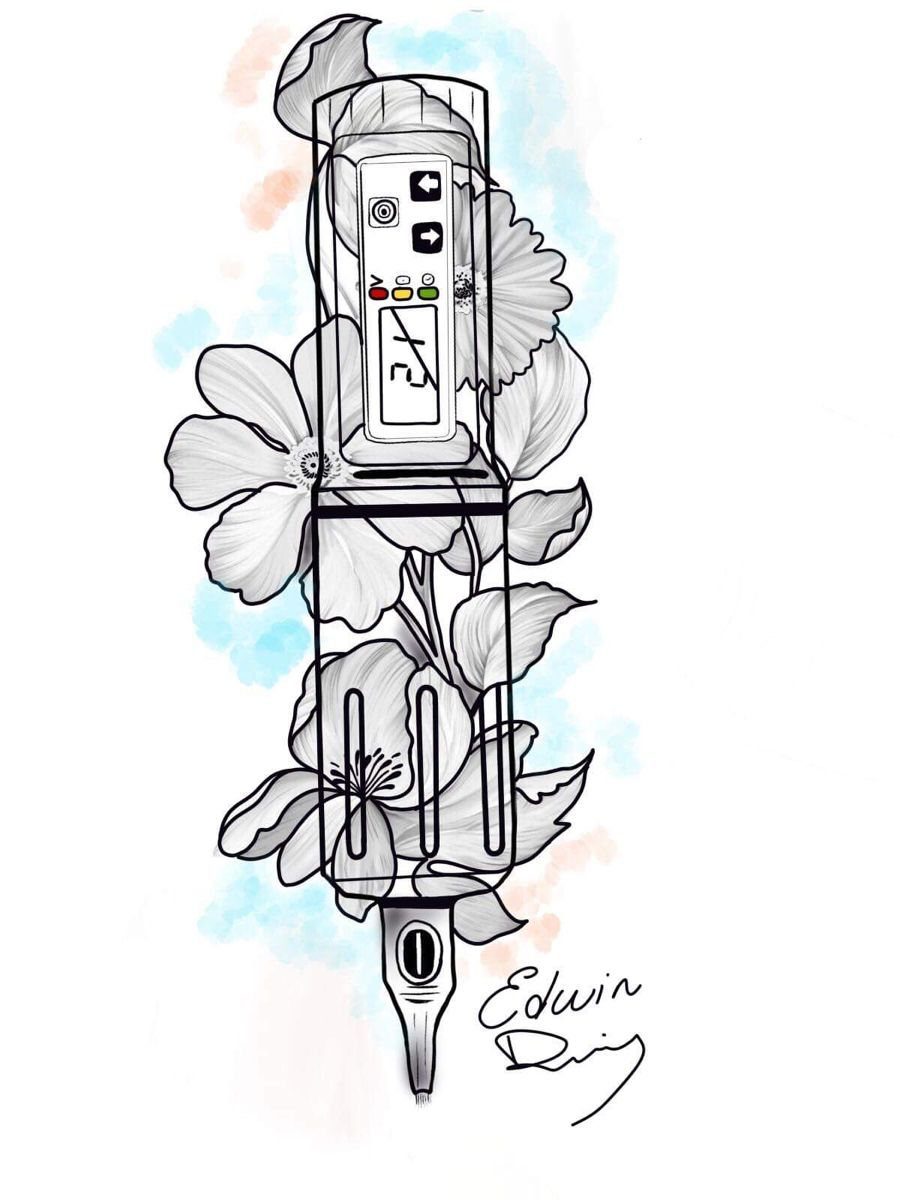 Rotary pen tattoo machine drawing surrounded by large flowers and watercolor splashes.