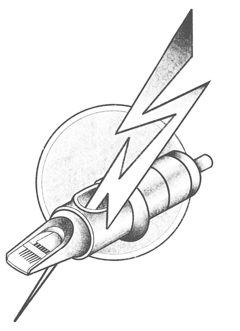 Tattoo machine drawing with a large lightning bolt striking through the center.