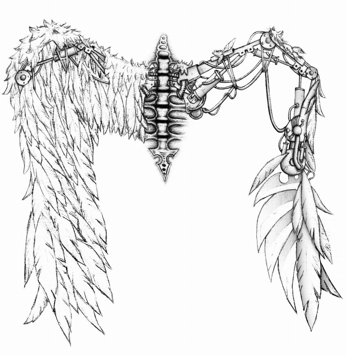 Tattoo machine drawing merged with a feathered wing and mechanical spine on white background