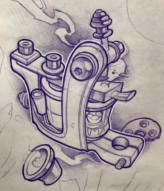 Traditional coil tattoo machine drawing with detailed shading on a sketchpad.