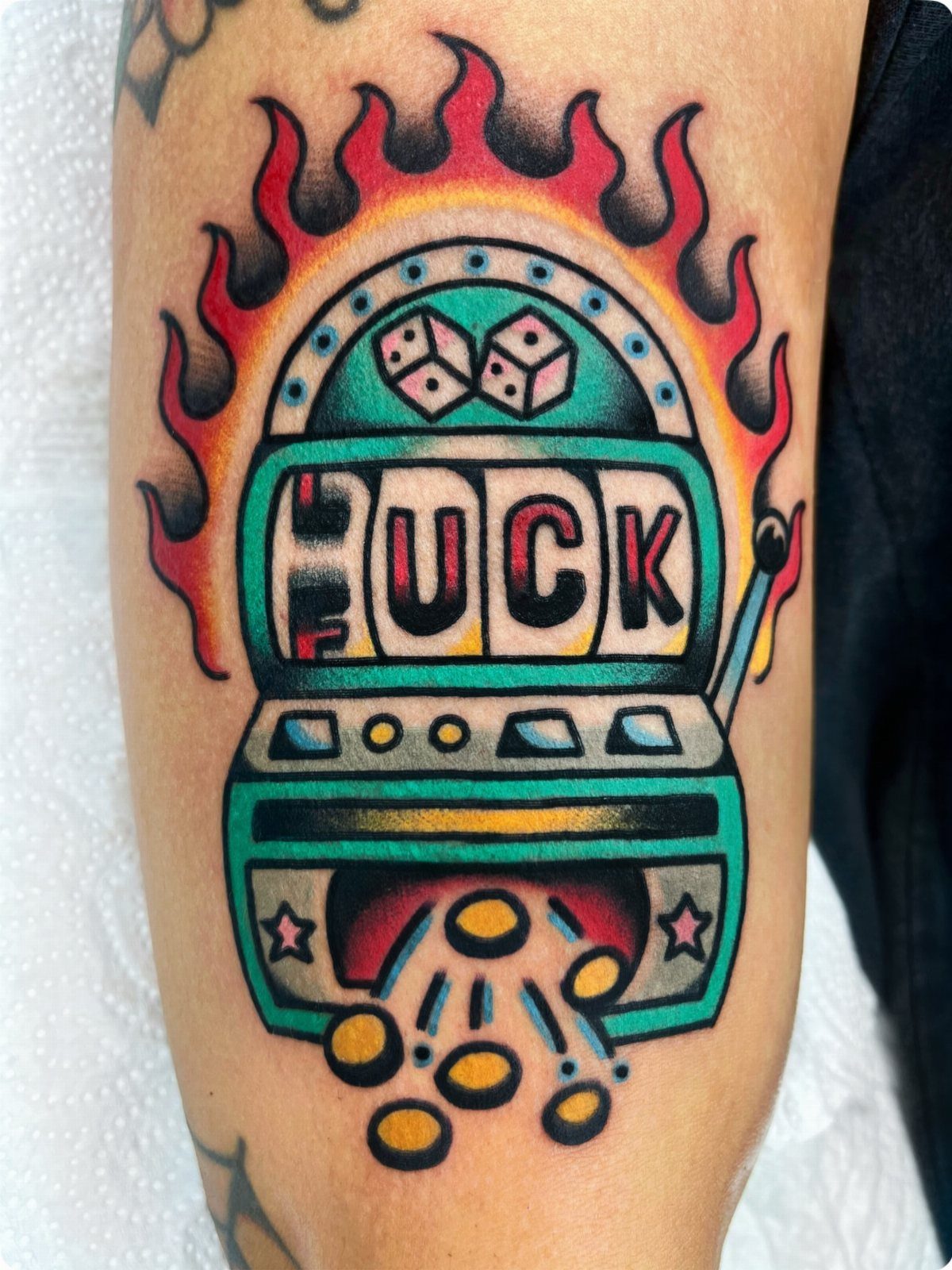 Slot machine tattoo with red flames, dice, and gold coins on skin.