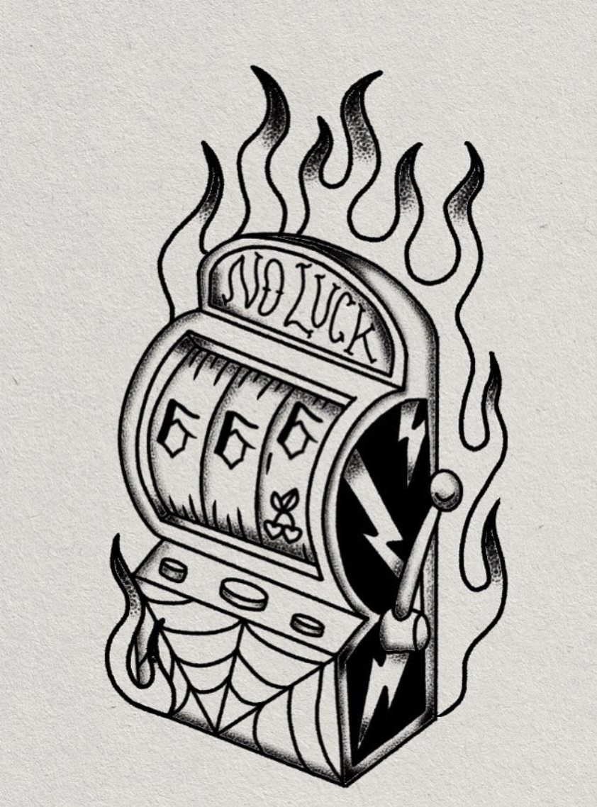 Slot machine tattoo design with flames, a spiderweb, and NO LUCK text banner.