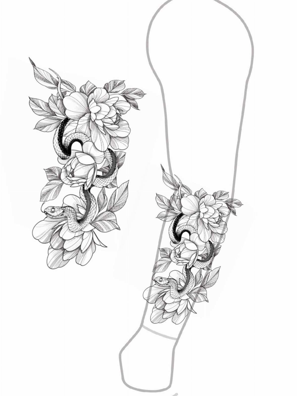 Snake and peony tattoo design shown both alone and on an arm outline.
