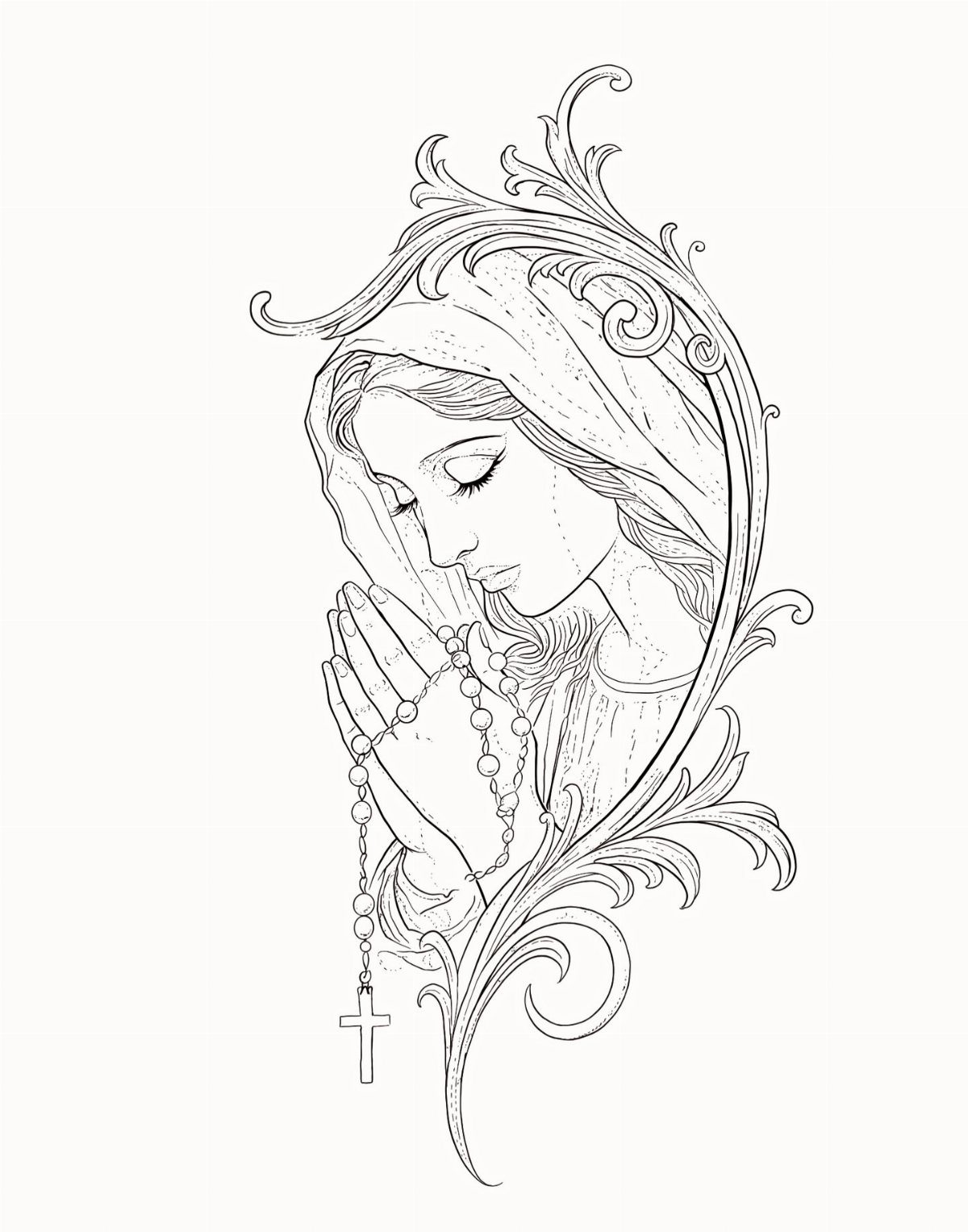 Line drawing of a praying woman with rosary beads and ornate floral flourishes.