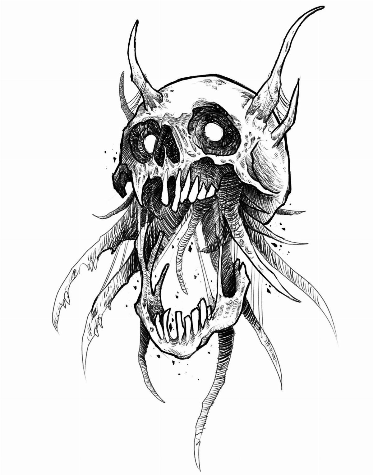 Monstrous skull drawing with horns and tentacles in black and white line art.
