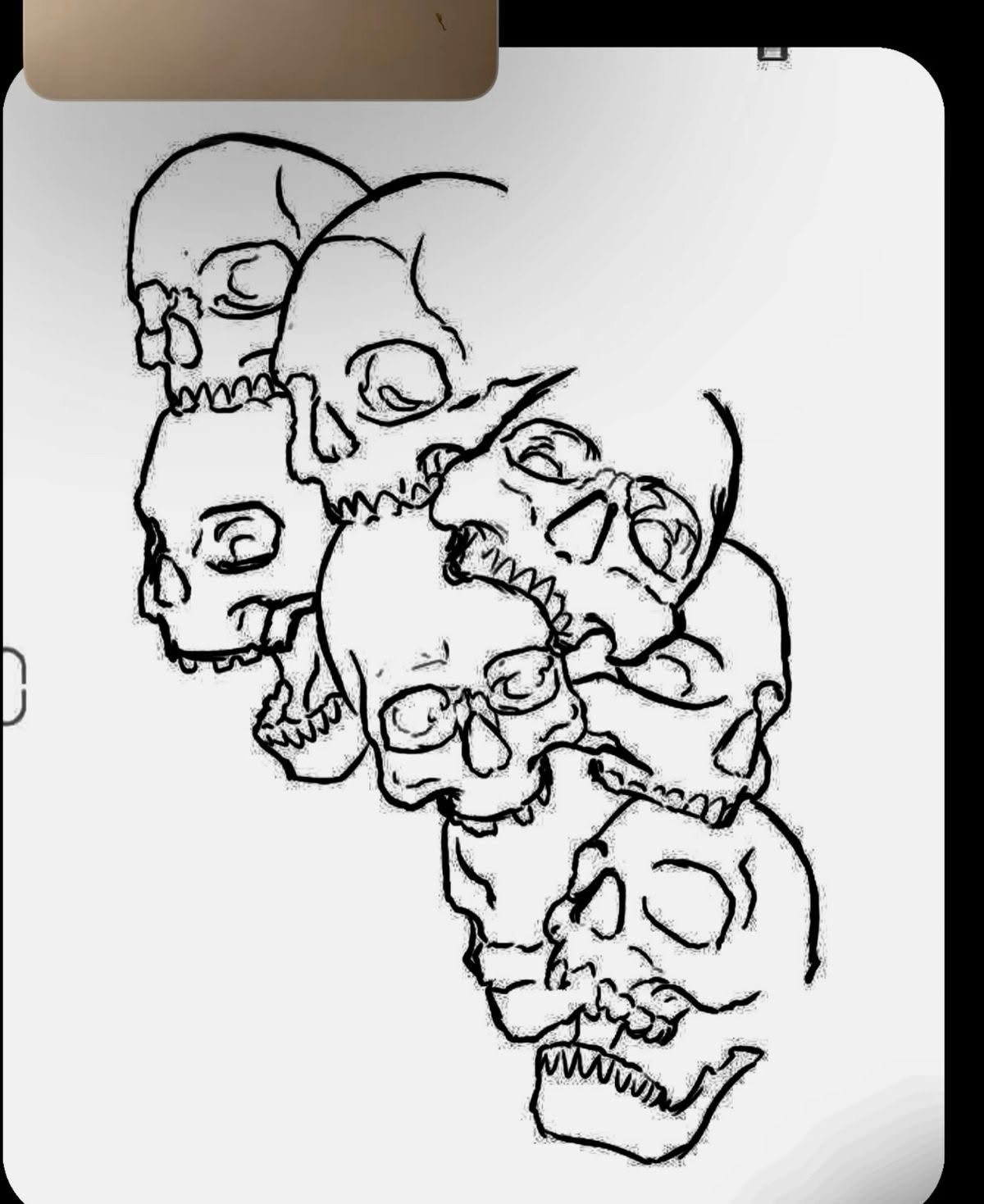 Multiple overlapping human skulls drawn in black ink on a white background.