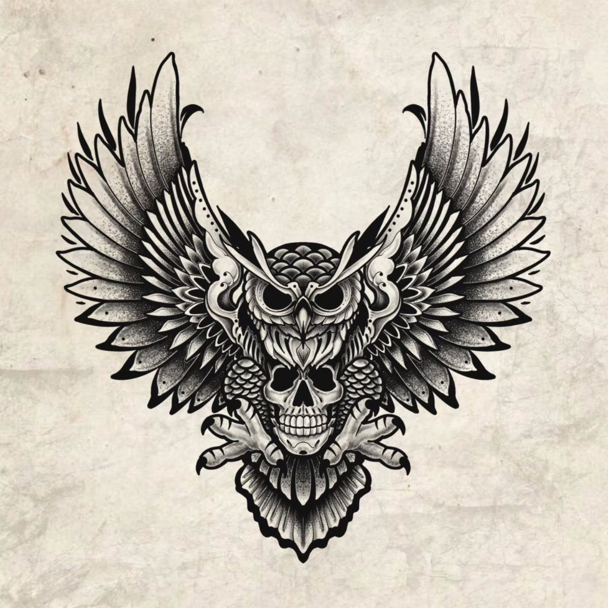 Owl with spread wings perched on a human skull in black ink drawing.