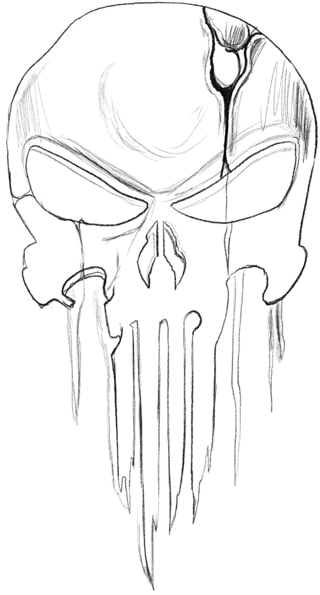 Stylized skull line drawing with a crack and dripping jaw for a tattoo stencil