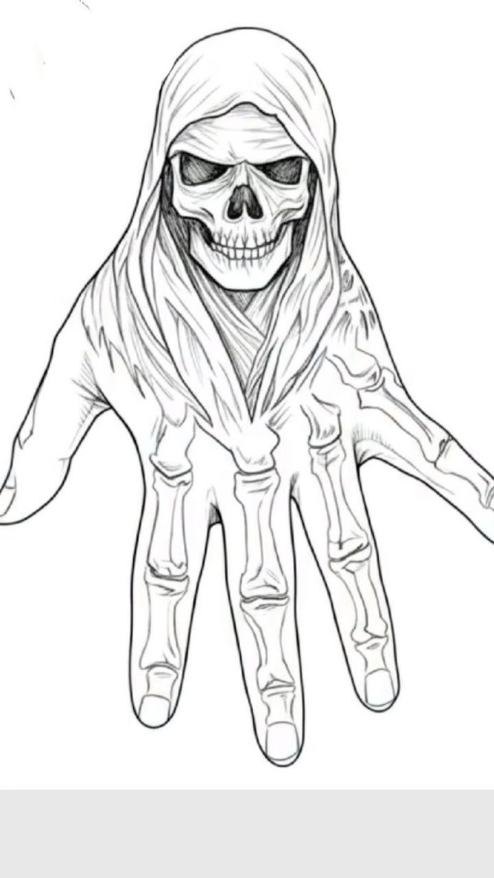 Hooded skeleton with a prominent skeletal hand extended forward in line art style.