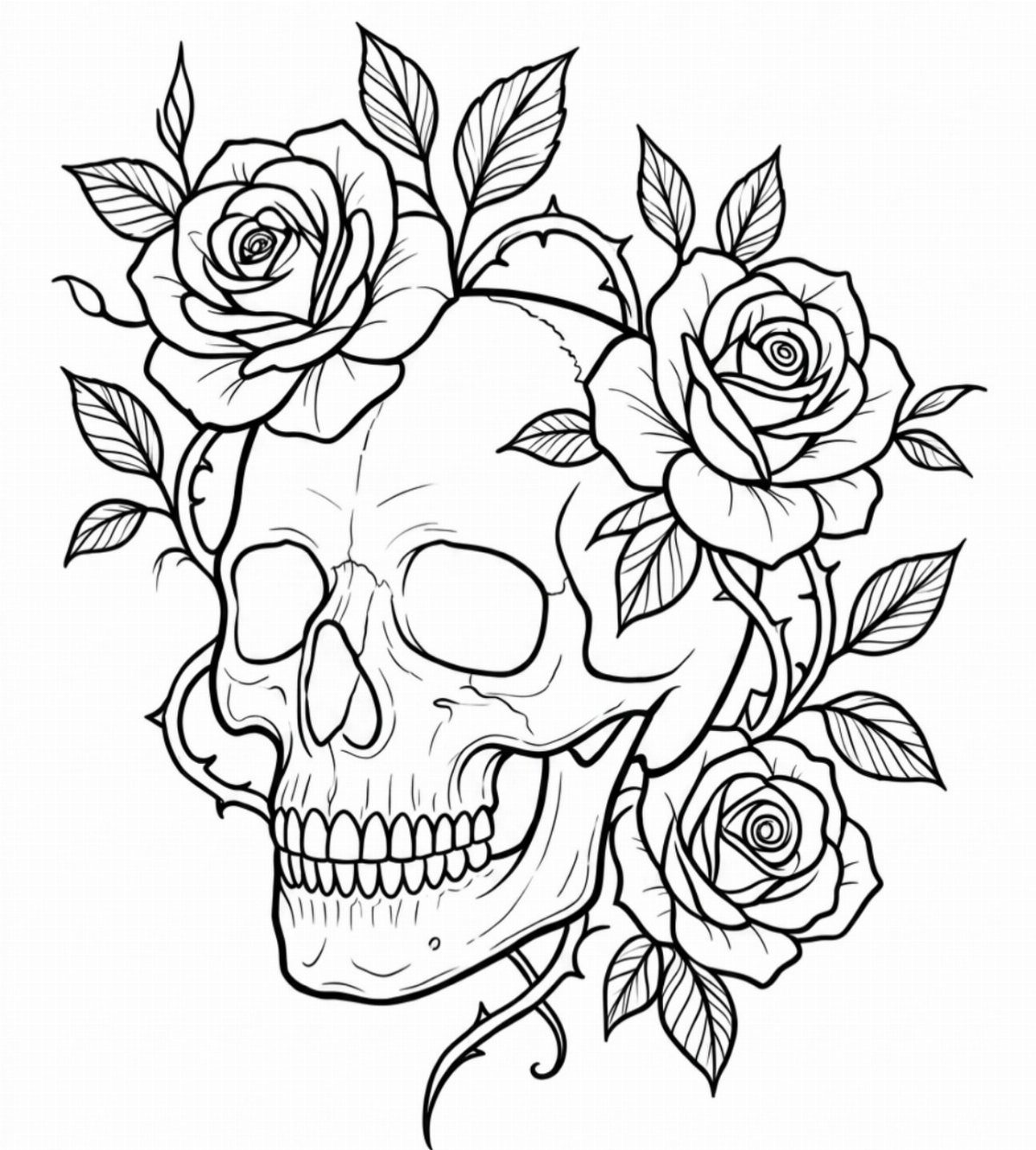 Human skull entwined with blooming roses and thorny stems in black line art.