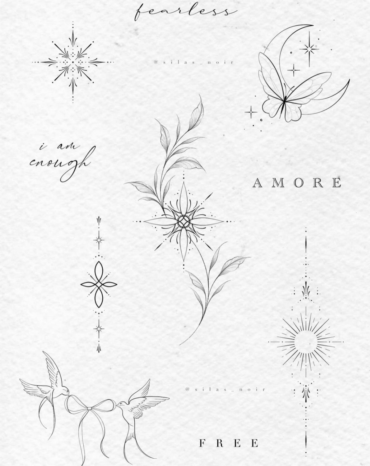 Various delicate black line art tattoo designs and words on white textured paper.