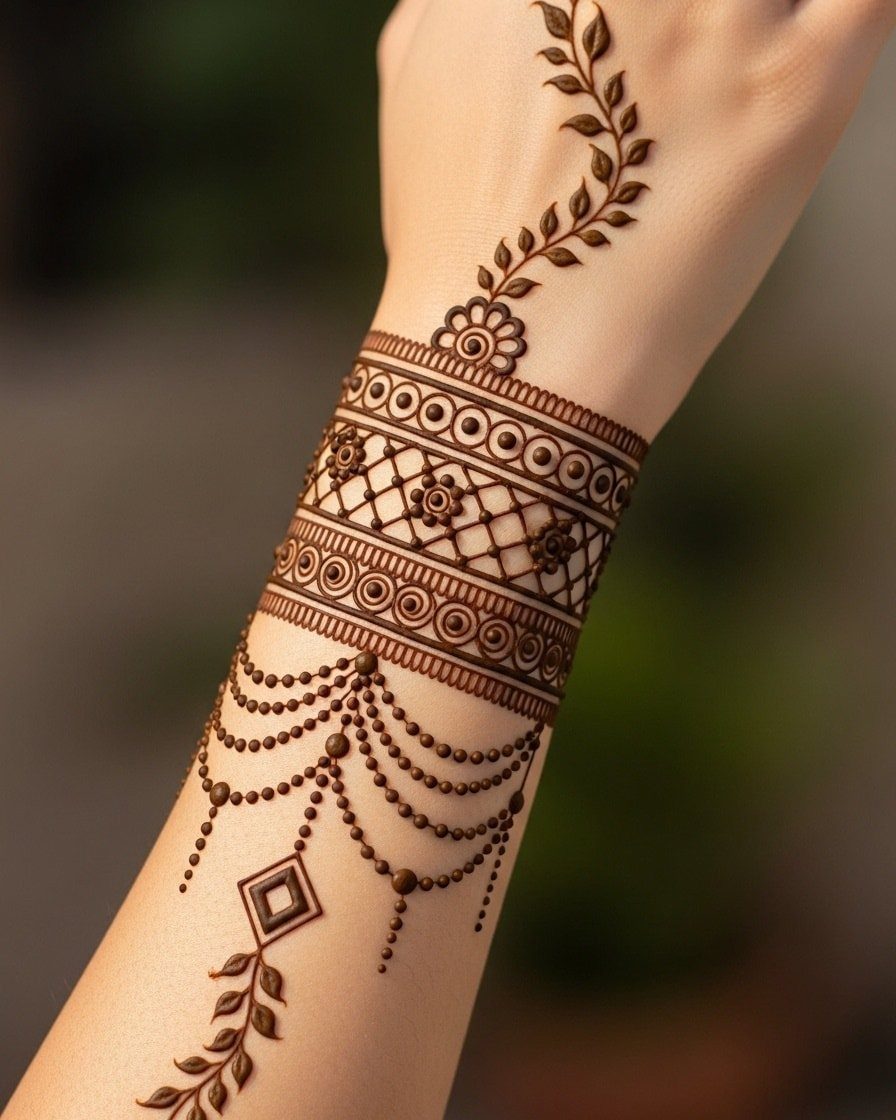 Intricate brown henna tattoo on a wrist designed to look like a jewelry bangle.