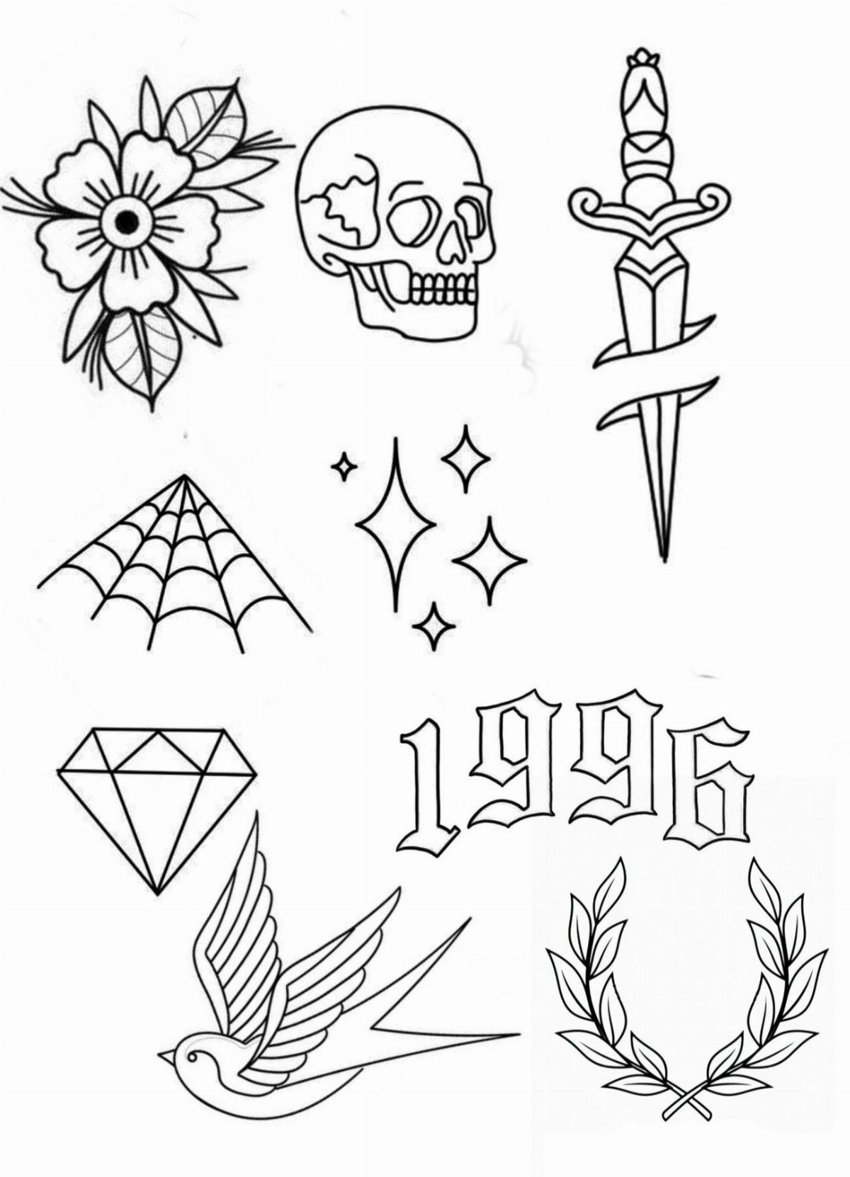 Various black line art tattoo designs including a skull, flower, and diamond on white.