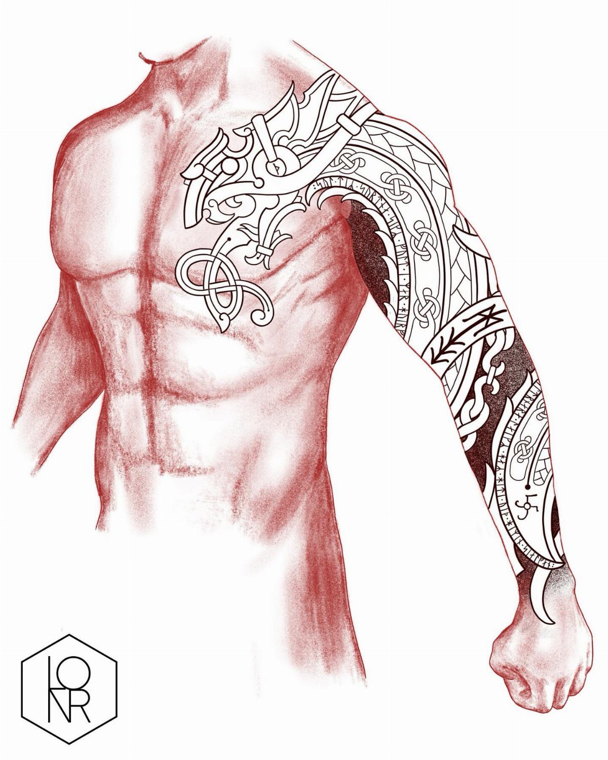 Muscular man with a detailed Norse knotwork and dragon tattoo on his arm.