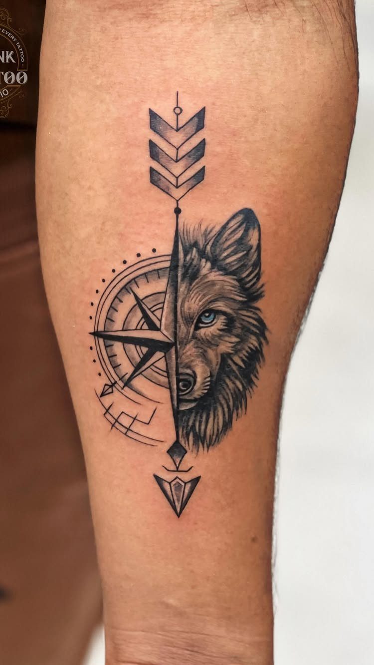 Compass and wolf tattoo on a forearm with a vertical arrow design.