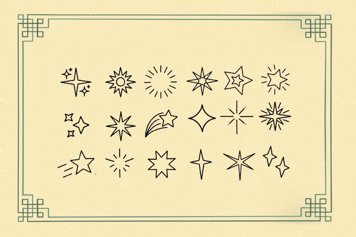 Various black line-art star and sparkle designs on a pale yellow background.